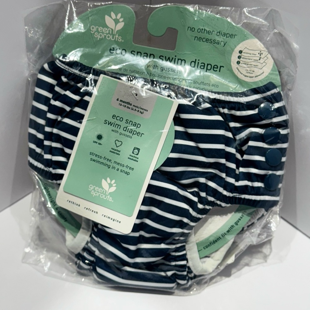 NWT Green Sprouts Eco Snap Swim Diaper – 6 Months – Navy Stripe – Reusable